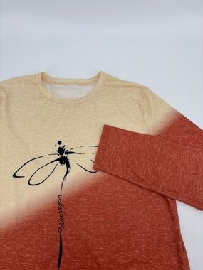 Womens Dragonfly Warrior Ombre Shirt XL Long Sleeve Rust Orange Cream Stretch